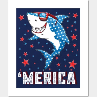 Shark 4th of July Merica American Flag Posters and Art